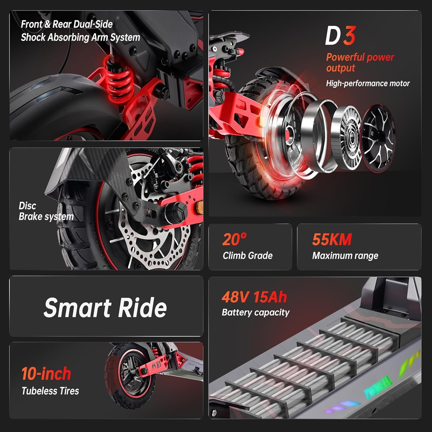 D3 Off Road Electric scooter for Adult - 10 Inches High-Speed Motor, 48V Smart BMS 80KM Long-Rang, Frong&Rear Suspension and Brake System, 150kg Max Load - Image 2