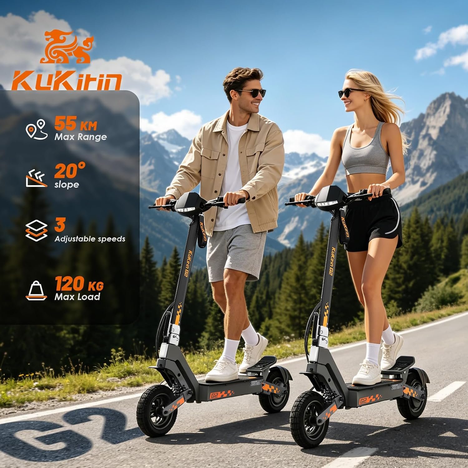 KuKirin G2 Electric Scooter for Adults, 10-Inch Off-Road Vacuum Tyres, Dual Spring Suspension, 55km Long Range, Folding Scooter with Dual Brakes & Touch Display - Image 2