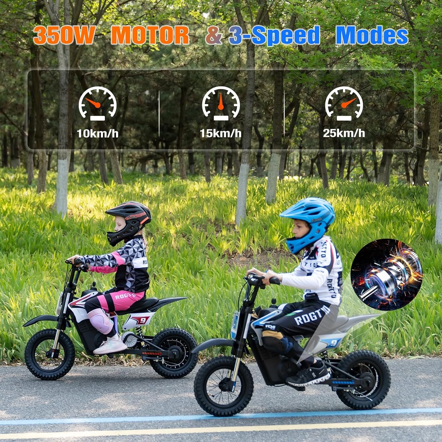 RCB R9X PRO Kids Ride On Motorcycle, Electric Motorbike with 350W Motor, 6.2/9.3/15.5mph Speed Modes & 9.94Miles Long Range, Ambient lighting, Dual Suspension, 12" Motor Cross for Kids Aged 6+ - Image 5