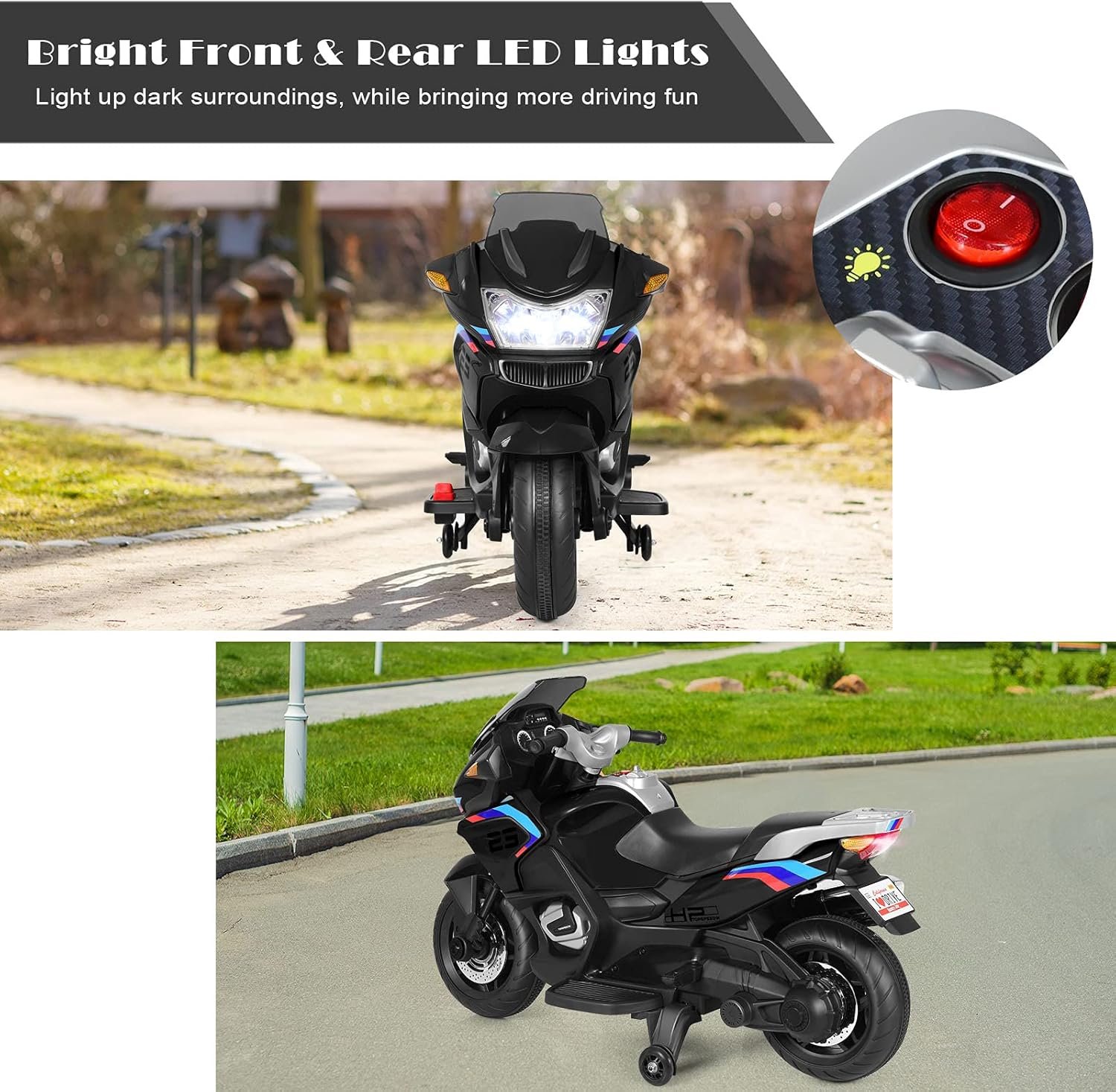COSTWAY Kids Ride on Motorcycle, 12V Electric Ride On Bike with Training Wheels, LED Lights, Music, Forward/Backward Function, Battery Powered Motorbike for Boys Girls (Black) - Image 4