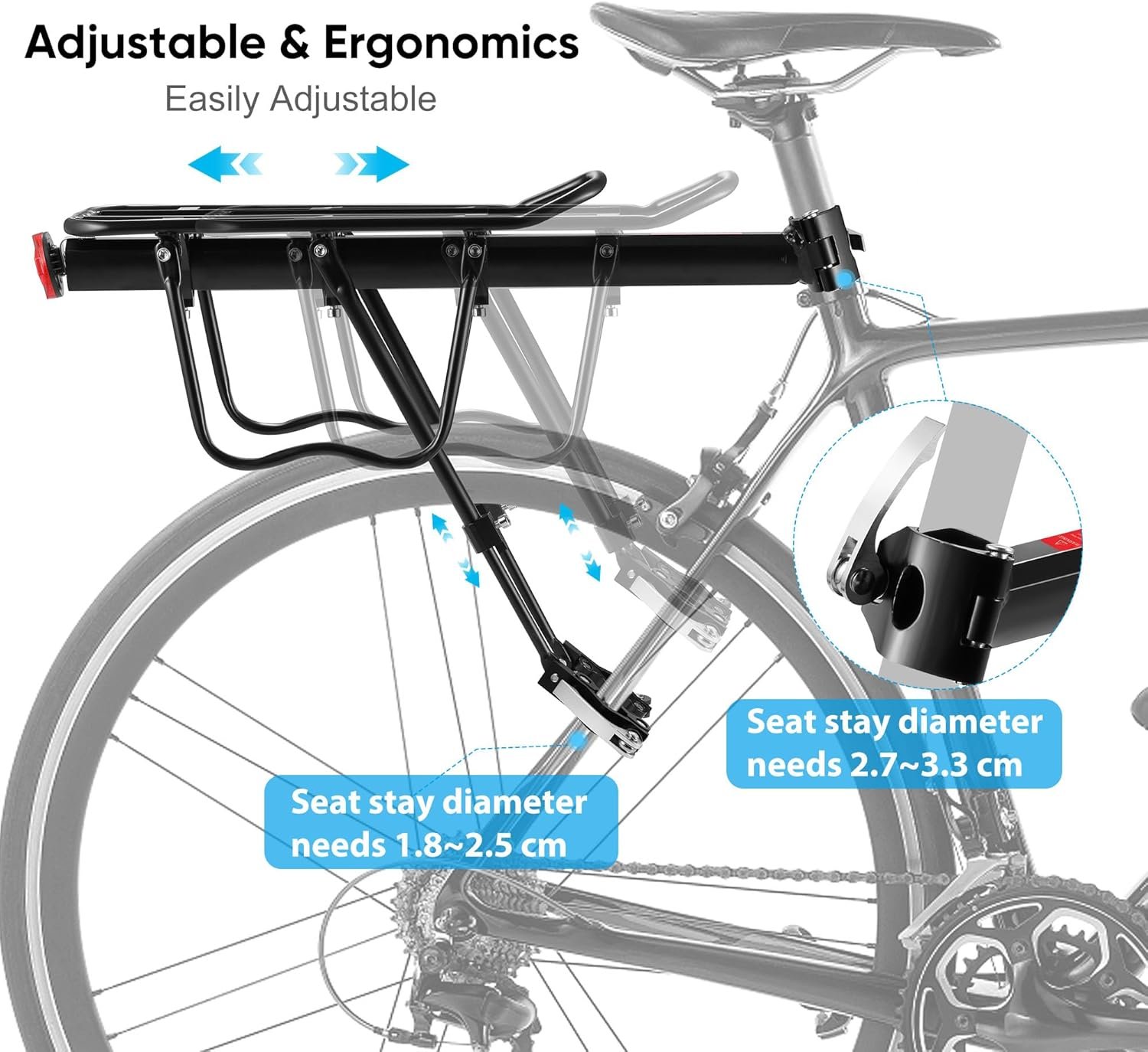 DazSpirit Rear Bike Rack, Adjustable Bicycle Rear Cargo Rack, MTB Rear Rack, Bike Rear Seat Luggage Rack, Quick Release, Load 60kg, Aluminum Alloy Material with Reflector for Cycling Camping Touring - Image 4