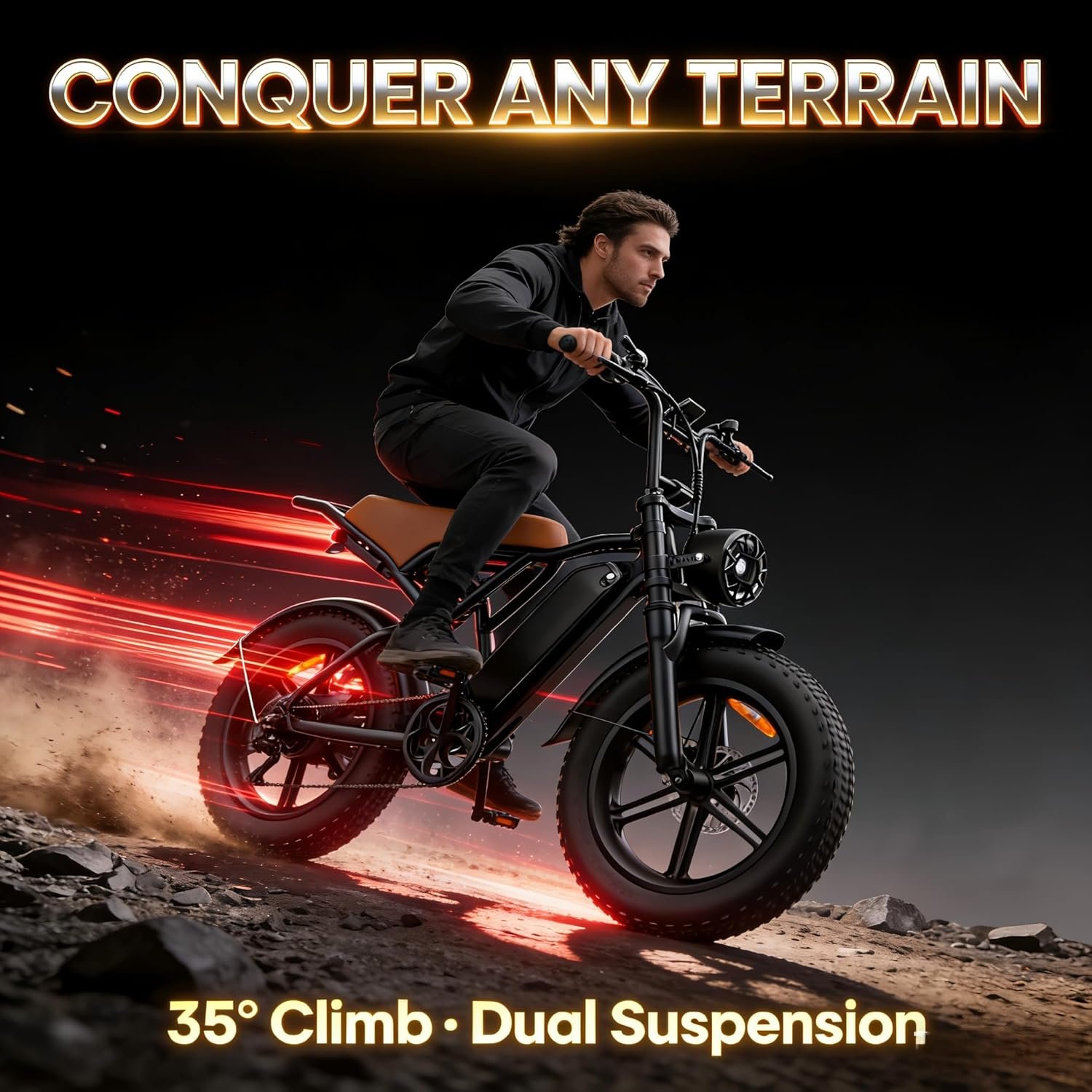 Electric Bike for Adults, 48V 15.6Ah Removable Battery Ebike with 20" Fat Tires, 7-Speed Shimano Gears, Front & Rear Suspension, Mechanical Disc Brakes, LED Headlight, 330LBS Capacity - Image 9