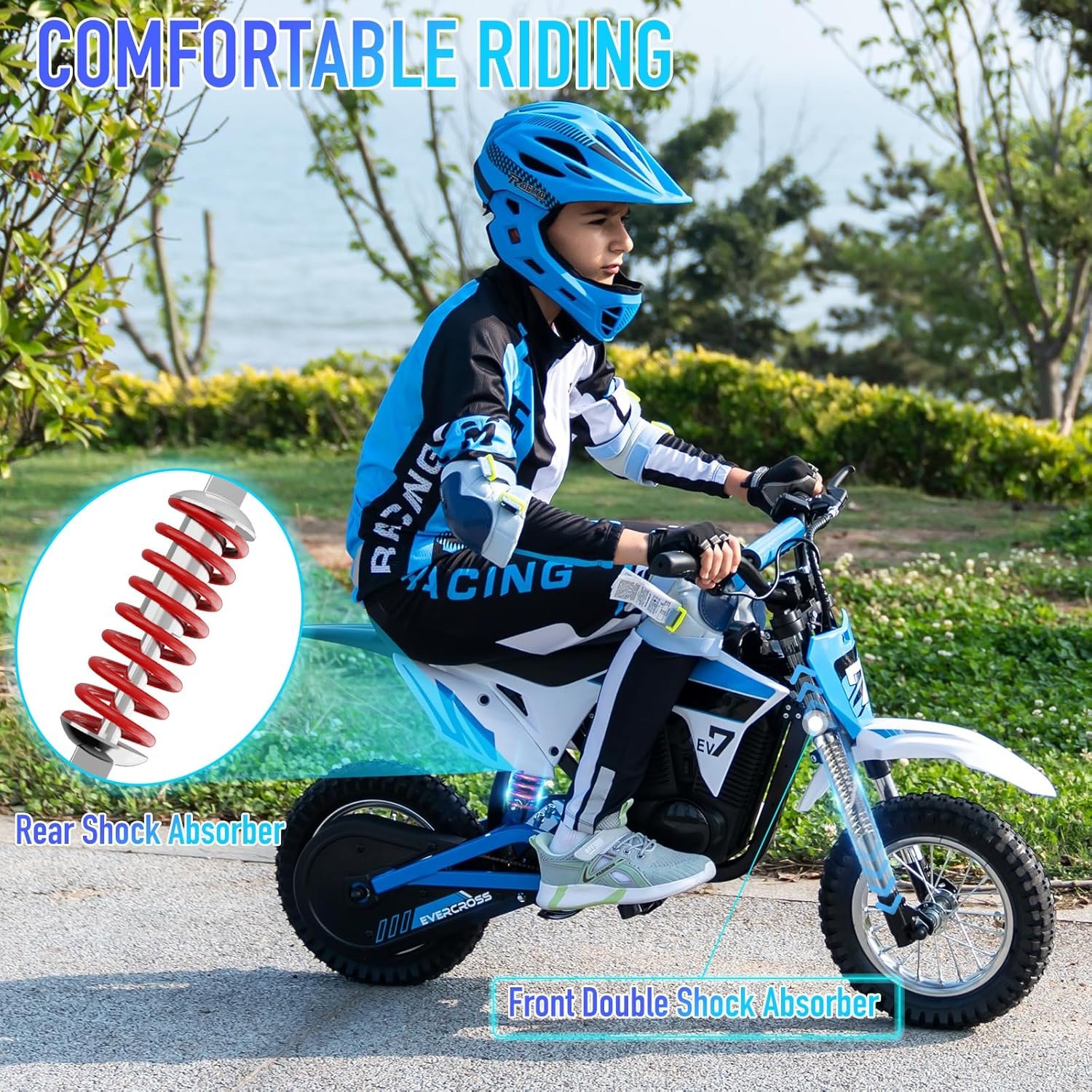 EVERCROSS EV12M PRO Kids Ride On Motorcycle, Electric Motorcycle with 300W Motor, 11.18Miles Long-Range, 12'' Pneumatic Tire, Bluetooth Music, Colorful Lights, Motor Cross for 110cm+ Height - Image 4