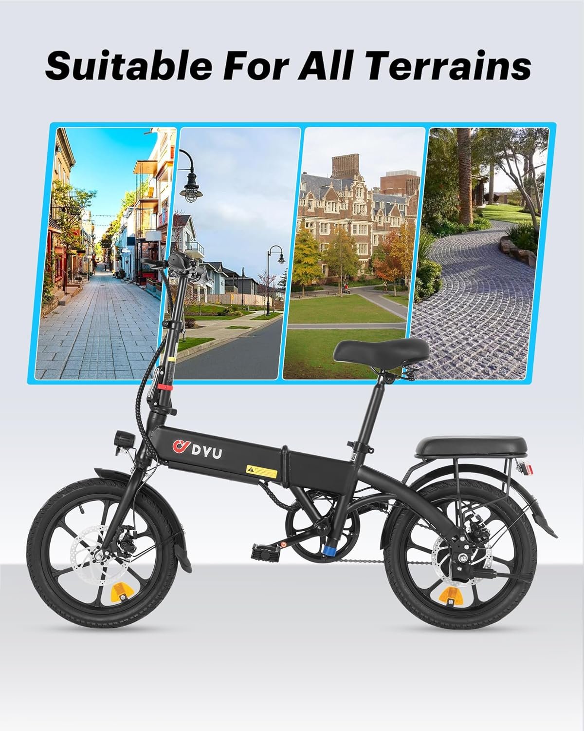 DYU 16" Folding Electric Bike, 250W Motor, 36V 7.5Ah Battery, 60KM Range, Height Adjustable, Commuter City Electric Bicycle with LED Display, Disc Brakes & Front Basket, E-Bike for Adults and Teens - Image 7
