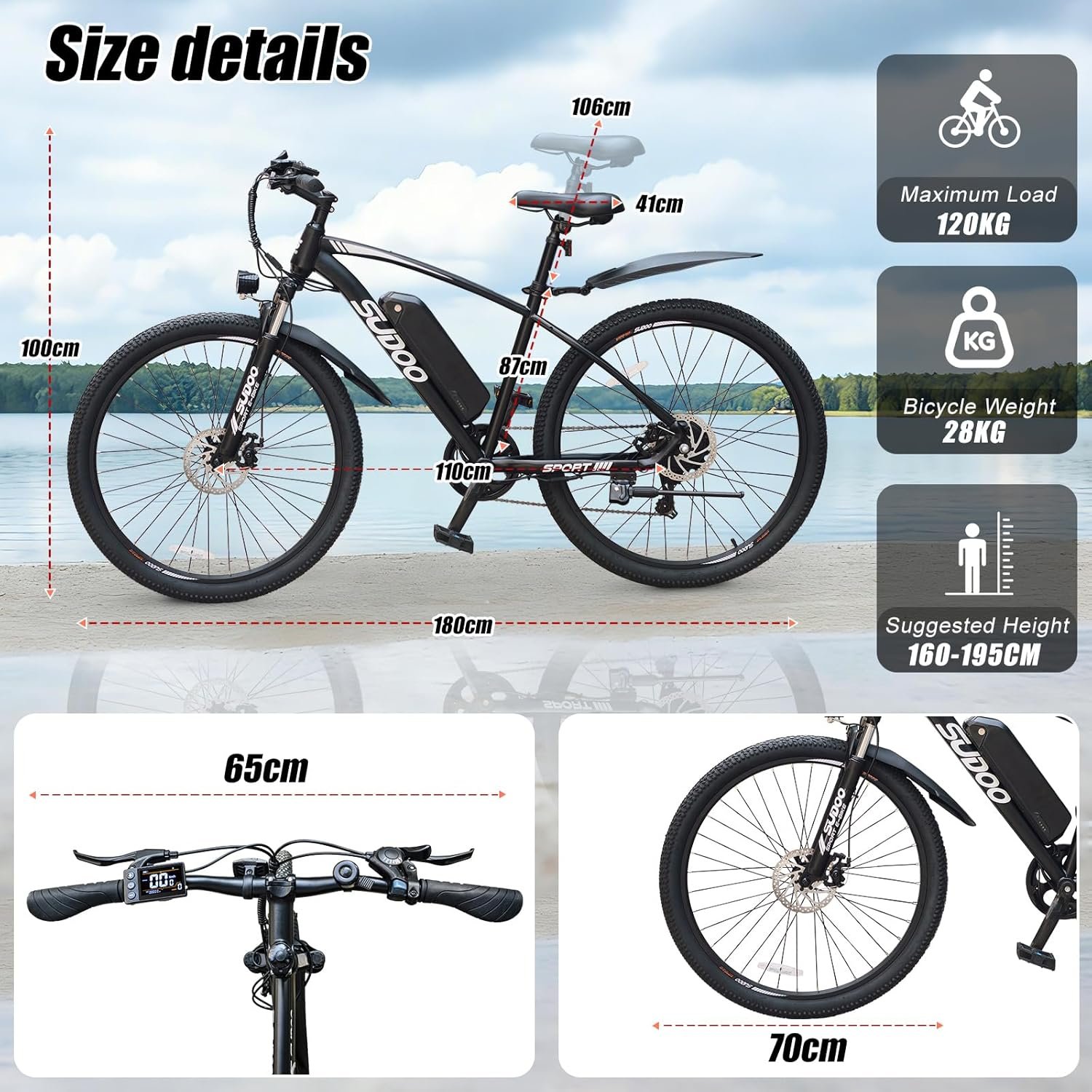 SUDOO Electric Bike for Adults, 27.5" 250W Electric Bicycle, Electric Mountain Bike with 36V 7.8Ah Removable Battery, Ebike with 7 Speed LCD Display/Anti-Theft Lock/Phone Holder for Commute Off Road - Image 8