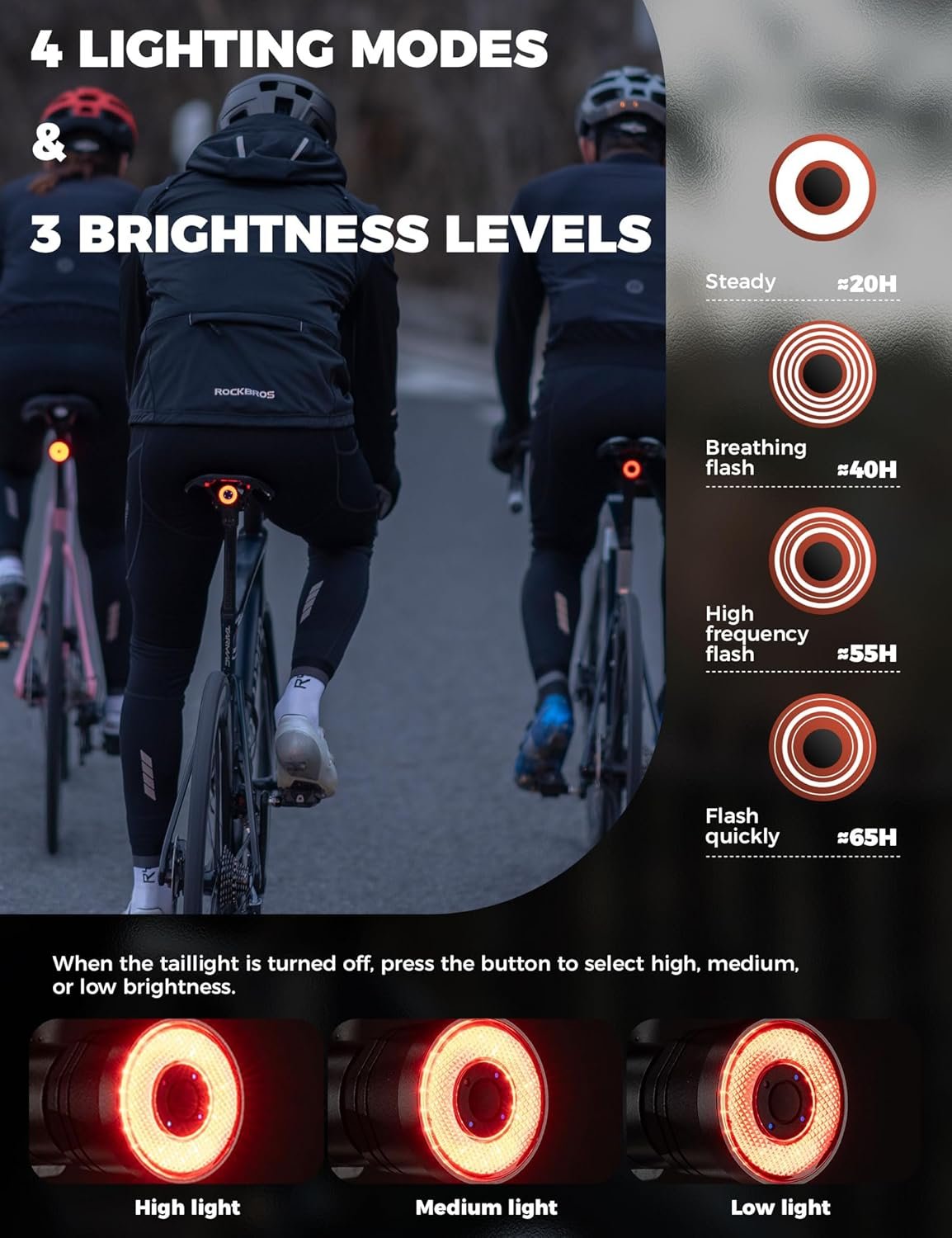 ROCKBROS Bike Tail Light Rear Rechargeable Bicycle Taillight Ultra Bright Bike Back LED Smart with 4 Modes IPX6 Waterproof for Safety, Warning, MTB, All Bikes Night Safety - Image 2