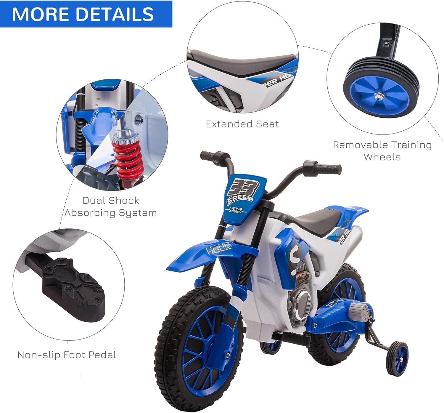 HOMCOM Kids Electric Motorbike, 12V Battery Powered Kids Motorbike for Boys and Girls with Training Wheels, Start-up Button, Pedal, for Ages 3-5 Years - Blue - Image 5