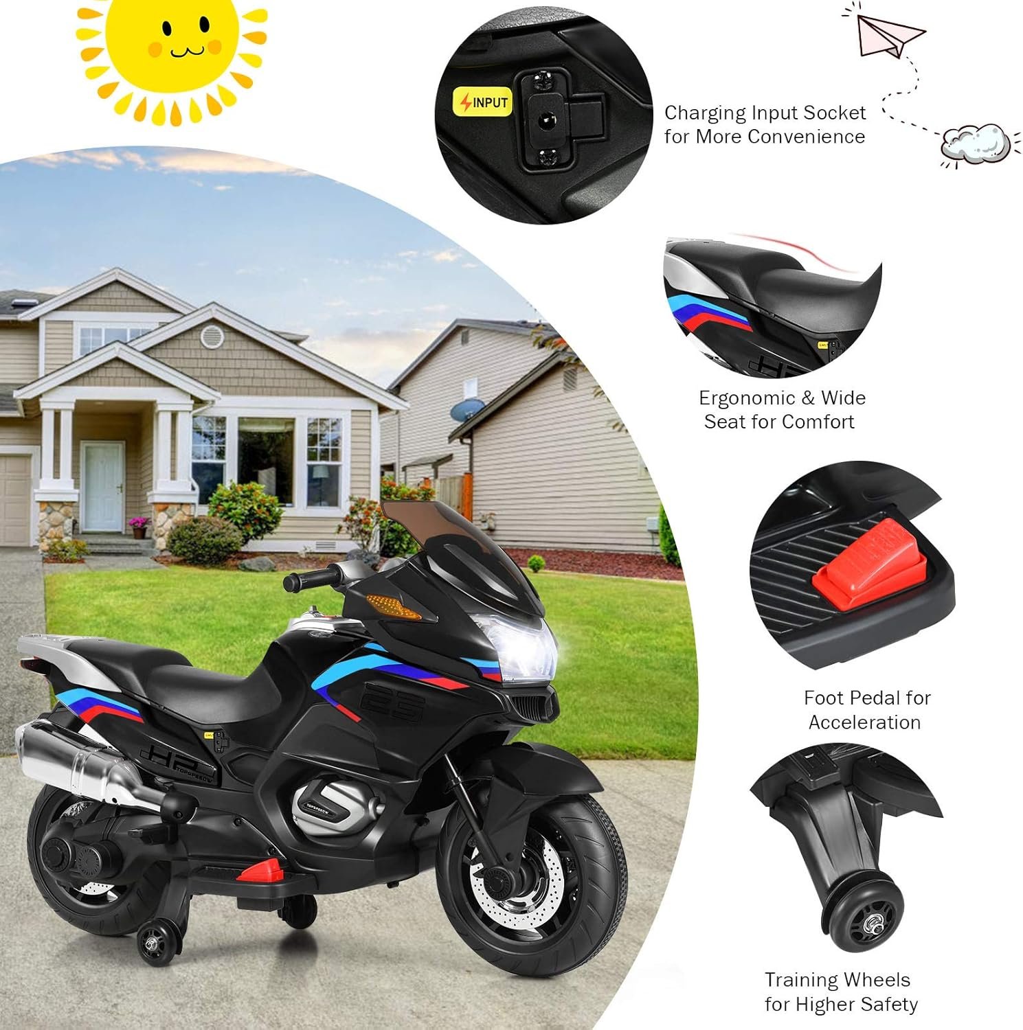 COSTWAY Kids Ride on Motorcycle, 12V Electric Ride On Bike with Training Wheels, LED Lights, Music, Forward/Backward Function, Battery Powered Motorbike for Boys Girls (Black) - Image 3