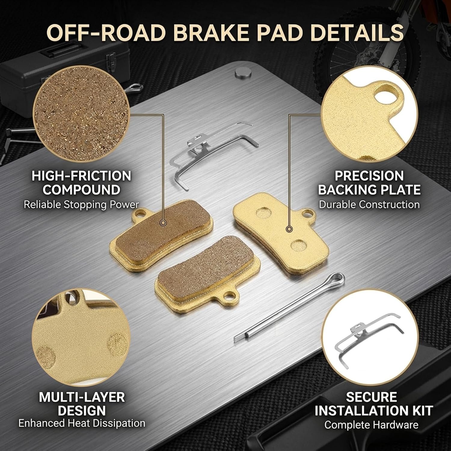 Electric Dirt Bike Brake Pads, High-Performance Braking System for Electric Motorbikes, Durable Replacement Parts for Off-Road Bikes, Set of 8 Pads in Yellow and Silver - Image 3