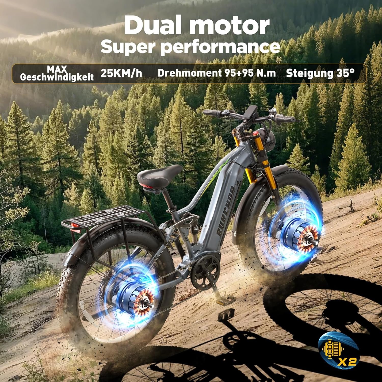 Dual Motor 95/190 N.m Electric Mountain Bikes for Adults E-Bike 48V 20Ah Removable Battery up to 120 km, 26X4 Fat Tire Ebike with LCD Display Full Suspension Bicycle RX80 - Image 3