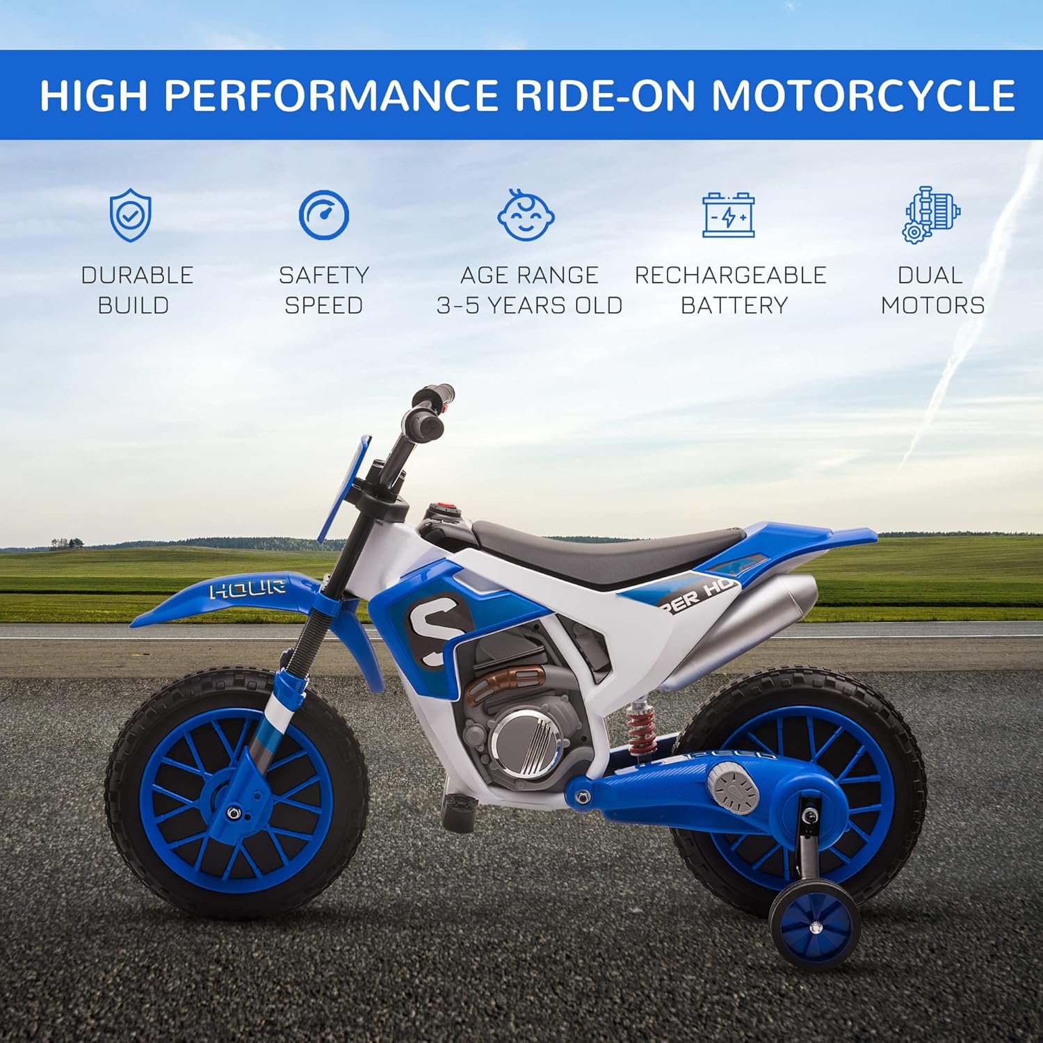 HOMCOM Kids Electric Motorbike, 12V Battery Powered Kids Motorbike for Boys and Girls with Training Wheels, Start-up Button, Pedal, for Ages 3-5 Years - Blue - Image 3