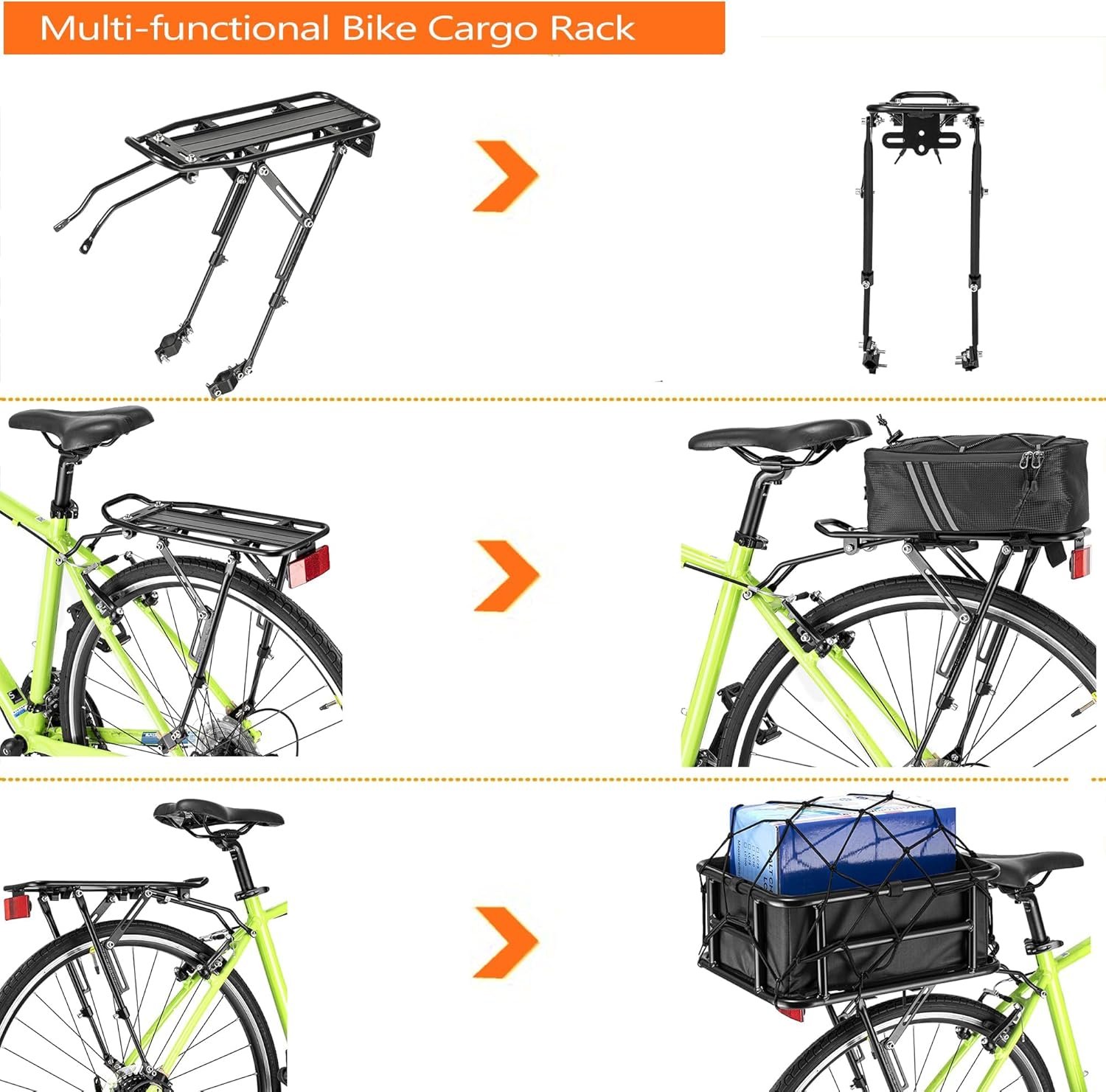 Rear Bike Rack with Large Size Reflective,Bike Cargo Rack with Extra Long Mounting Brackets,Universal Adjustable Touring Carrier Rack,Large Capacity Bike Pannier Rack - Image 2
