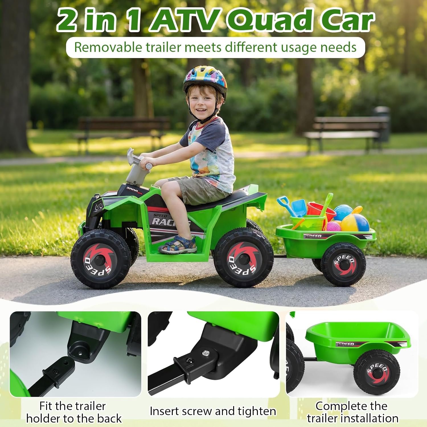 COSTWAY 6V Kids Electric Ride on ATV Car, Battery Powered Quad Bike with Removable Back Trailer, 4 Wear-Resistant Wheels, Forward/Backward/Reverse Button, for Boys Girls 3+ Years Old (Green) - Image 2