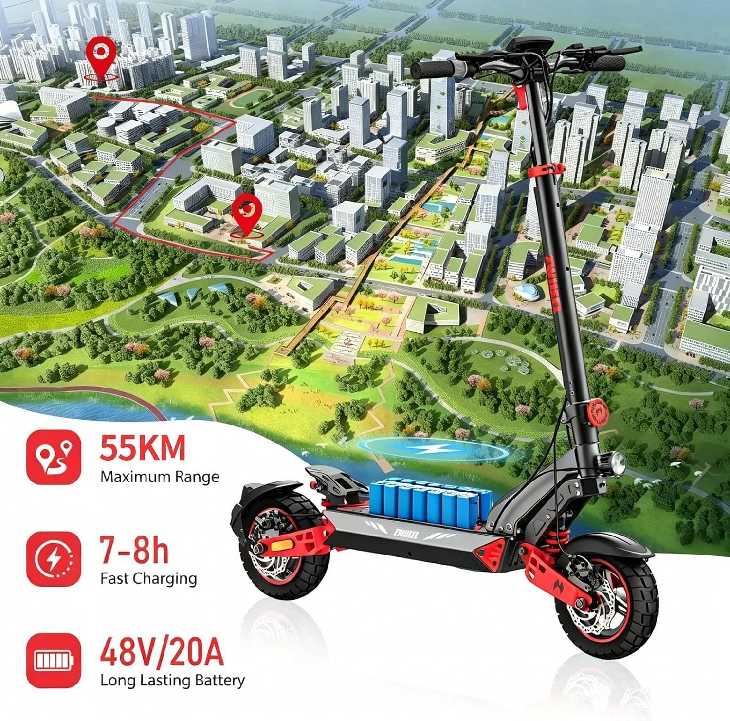 Electric Scooter Adult with 34 Miles Range, 10" Tubeless Off-Road Tyres, 720Wh lithium battery, Dual Suspension & Full LED Turn Signals Foldable Electric Scooter - Image 7