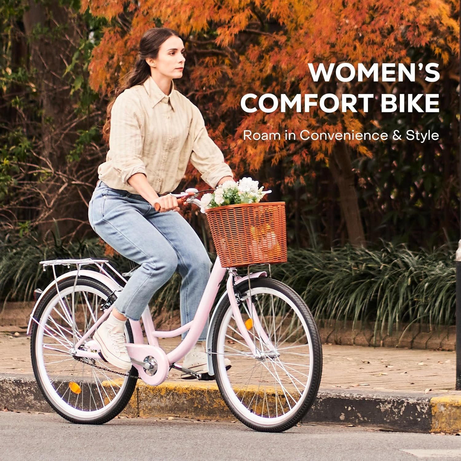 Viribus 24 Inch Vintage Ladies Bike with Basket, Dutch Style City Bicycle with Carbon Steel Frame, Dual V Brakes, Single Speed Women's Comfort Bike with Adjustable Seat and Handlebars - Image 8