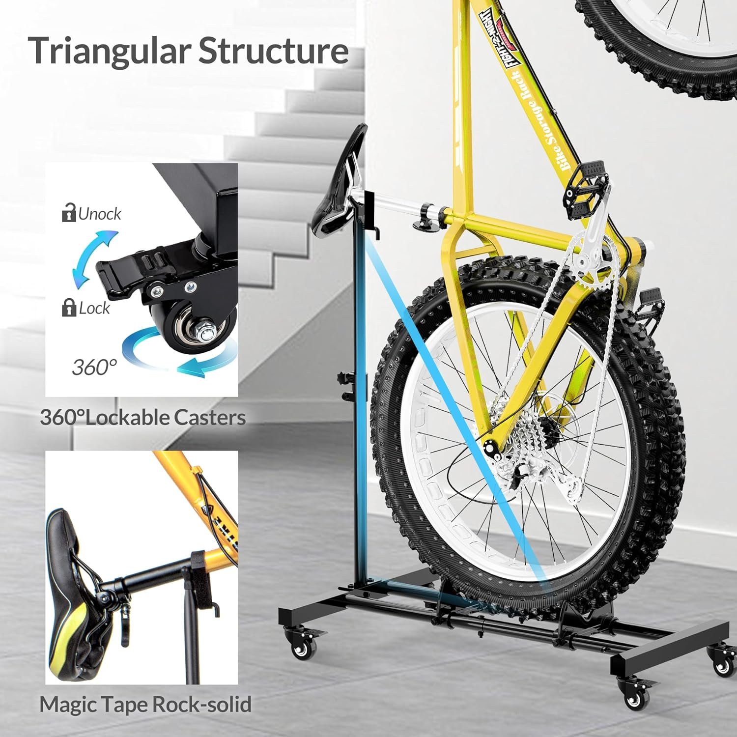 Sttoraboks Freestanding Vertical Bike Storage Stand with Wheels, Stable Floor Bike Racks for Garage/Apartment, Indoor Cycle Storage Rack, Adjustable Height, No Drilling Required, Max 10cm Tire Width - Image 7
