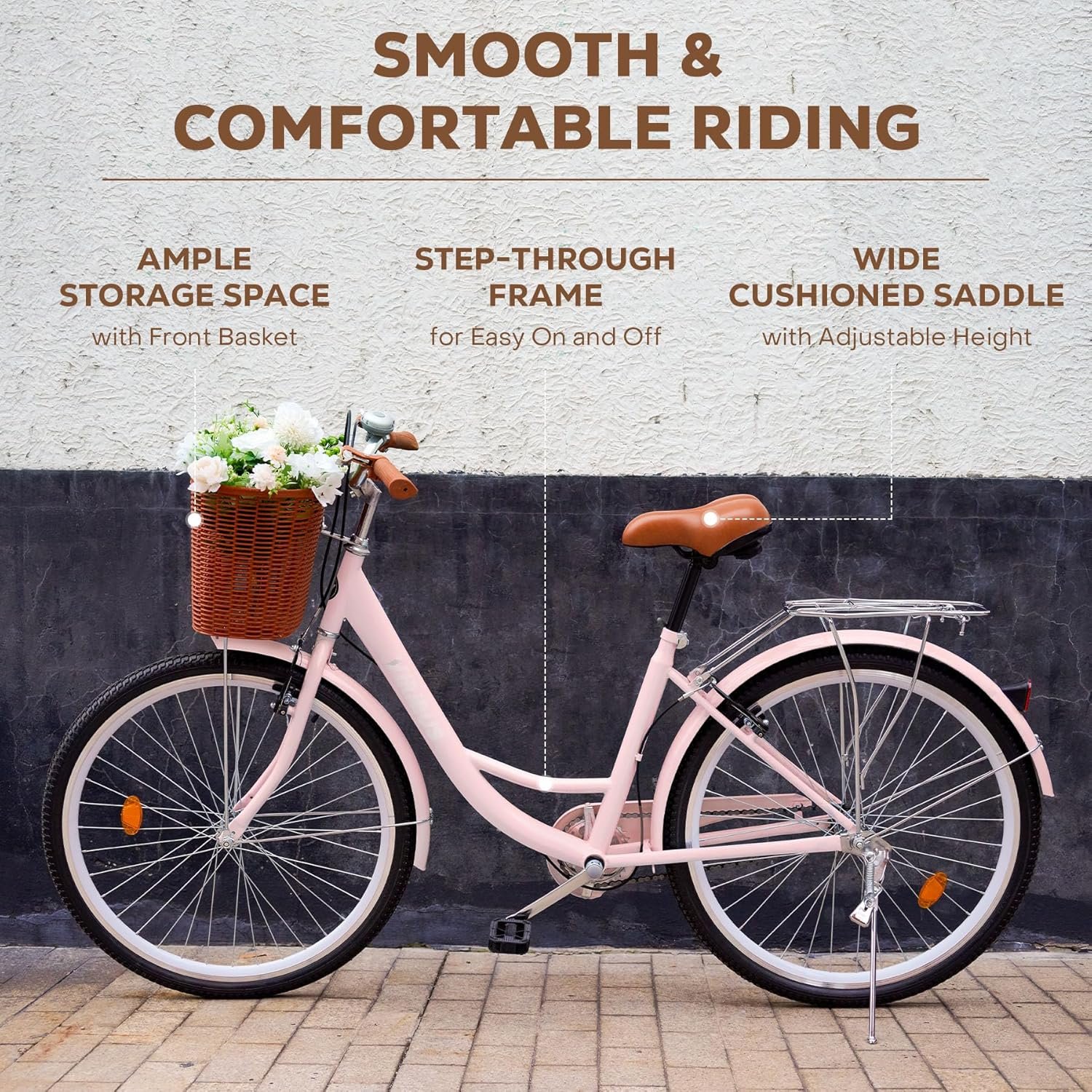 Viribus 24 Inch Vintage Ladies Bike with Basket, Dutch Style City Bicycle with Carbon Steel Frame, Dual V Brakes, Single Speed Women's Comfort Bike with Adjustable Seat and Handlebars - Image 3