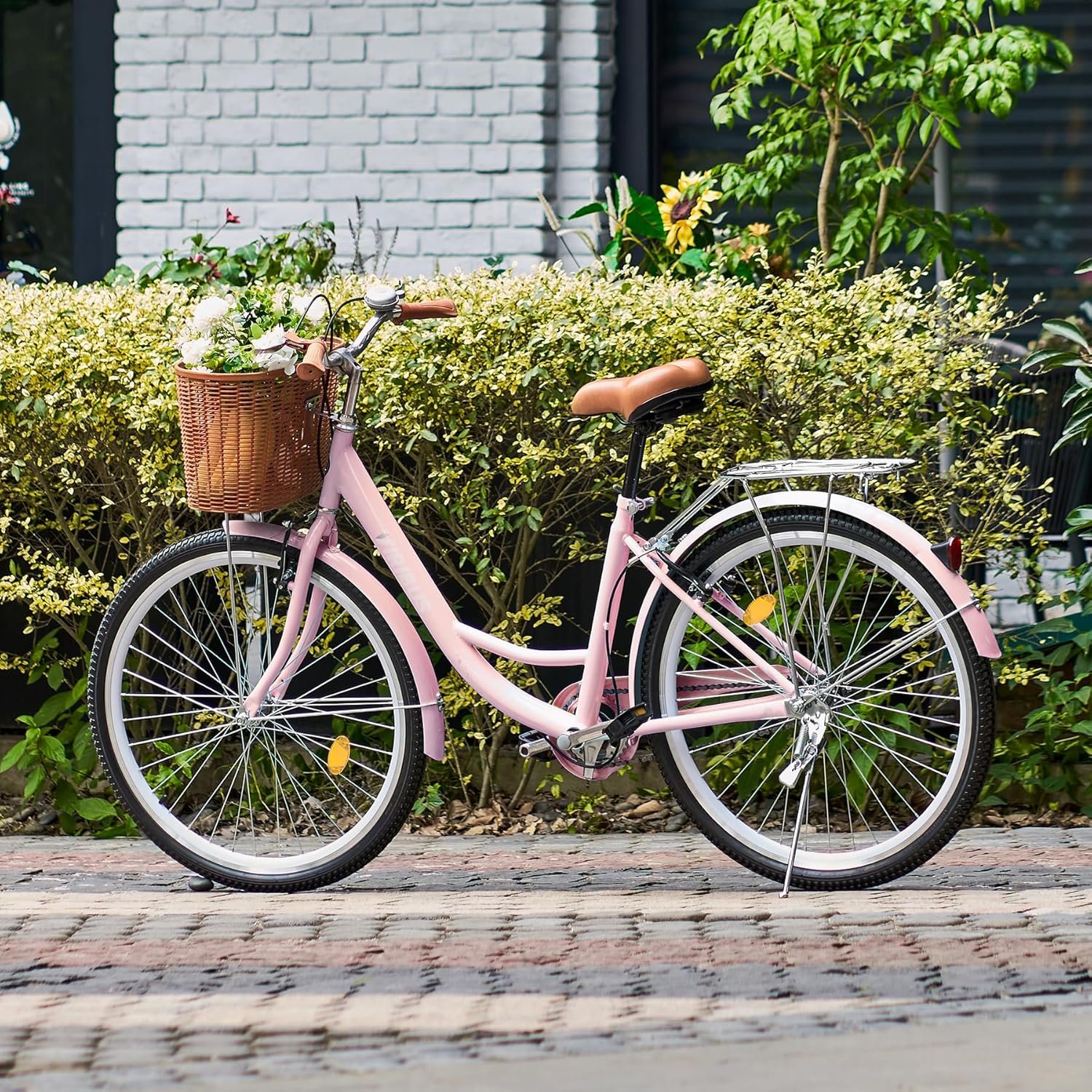 Viribus 24 Inch Vintage Ladies Bike with Basket, Dutch Style City Bicycle with Carbon Steel Frame, Dual V Brakes, Single Speed Women's Comfort Bike with Adjustable Seat and Handlebars - Image 9