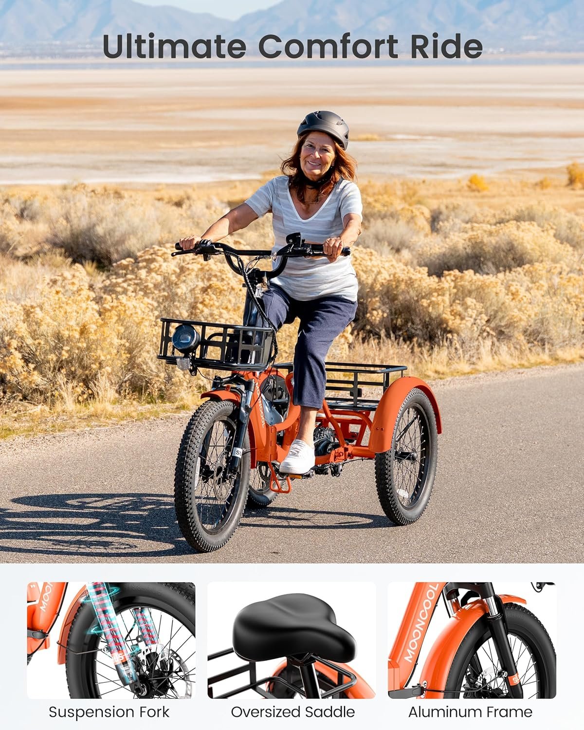 MOONCOOL Electric Tricycle for Adults, 20" Folding Electric Trike with 36V 20AH Removable Battery, 20"x3.0" Fat Tire 3 Wheel Electric Bike, Range 112KM, Aluminum Adult Tricycle with Differential - Image 10