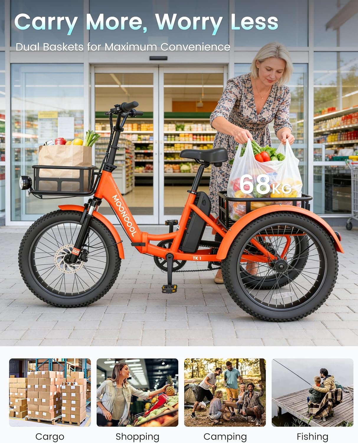 MOONCOOL Electric Tricycle for Adults, 20" Folding Electric Trike with 36V 20AH Removable Battery, 20"x3.0" Fat Tire 3 Wheel Electric Bike, Range 112KM, Aluminum Adult Tricycle with Differential - Image 8