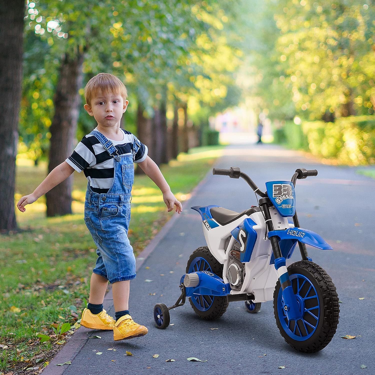 HOMCOM Kids Electric Motorbike, 12V Battery Powered Kids Motorbike for Boys and Girls with Training Wheels, Start-up Button, Pedal, for Ages 3-5 Years - Blue - Image 2