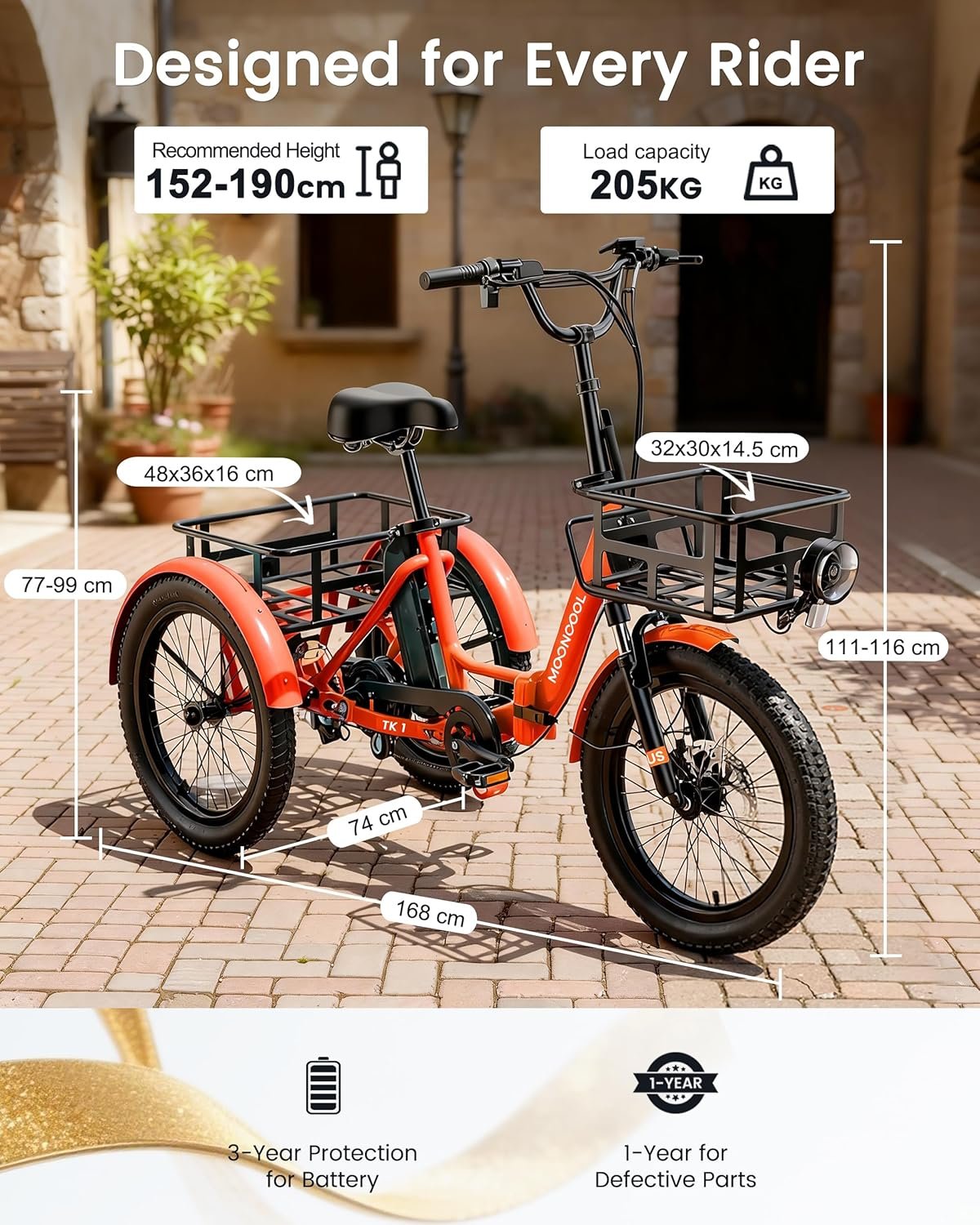 MOONCOOL Electric Tricycle for Adults, 20" Folding Electric Trike with 36V 20AH Removable Battery, 20"x3.0" Fat Tire 3 Wheel Electric Bike, Range 112KM, Aluminum Adult Tricycle with Differential - Image 7