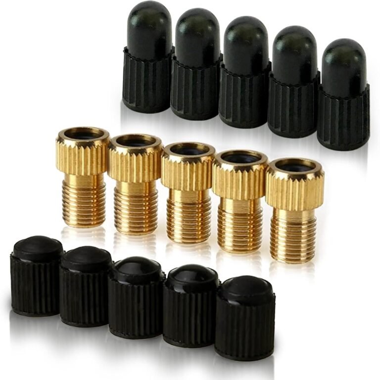 5 Pcs (+ 10 Caps) Brass Presta Valve Adapter - Convert Presta to Schrader/Auto for All Types of Bikes, e-Bikes and e-Scooters - Inflate Tire Using Standard Pump or Air Compressor - by Mobi Lock