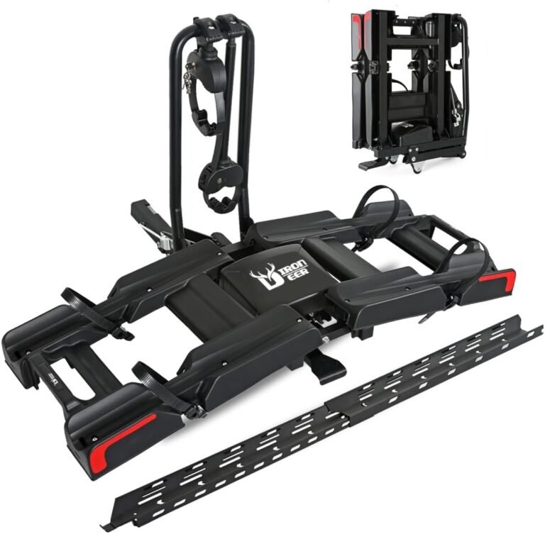 Eco Pro Upgraded 200lbs EBike Rack with Ramp for 2 E-Bikes, Hitch EBike Rack for Cars SUVs Trucks, Foldable Tilting Bike Rack Platform for Tow Hitch 2" Receiver, E-Bike Carrier Fits up to 5" Fat Tire