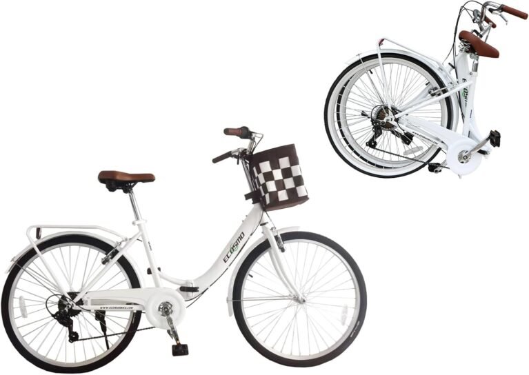 ECOSMO 26" Ladies Folding Bike,Women's bike with 7-Speed Shimano Gears, Sturdy Fold Up Bike for City Commute, Folding Bicycle with Rear Rack+ Front Basket, Fitness Bike for Adults 150-180cm