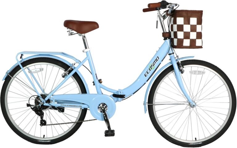 ECOSMO 26" Ladies Folding Bike,Women's bike with 7-Speed Shimano Gears, Sturdy Fold Up Bike for City Commute, Folding Bicycle with Rear Rack+ Front Basket, Fitness Bike for Adults 150-180cm
