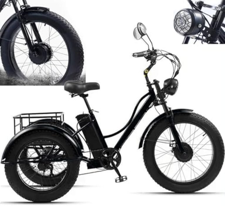 Electric Tricycle for Adult - 7 Speeds, 3 Wheel Cargo Trike with Large Basket, Fat Tyres, 48V 15Ah Removable Battery - 65km Range, LCD Display + Headlight