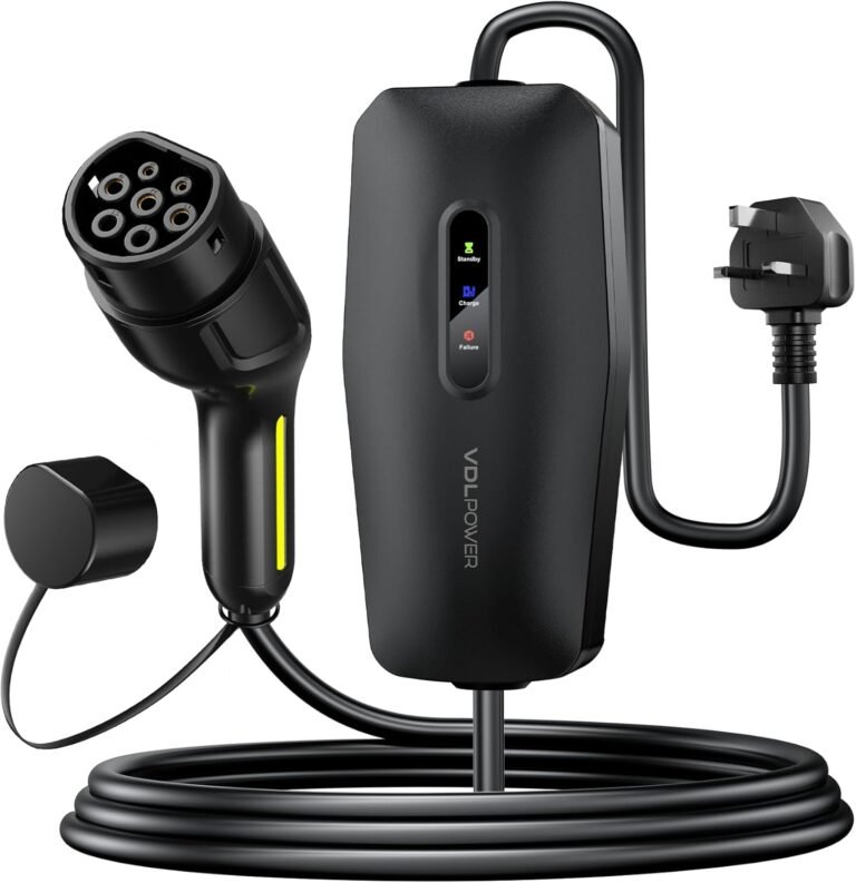 EV Charger 3kW Type 2 to 3 Pin Plug, 13A 230V Portable EV Car Charger with 8M Cable, LED Status Indicators, IP65 Waterproof Electric Vehicle Charging Cable for EVs & PHEVs