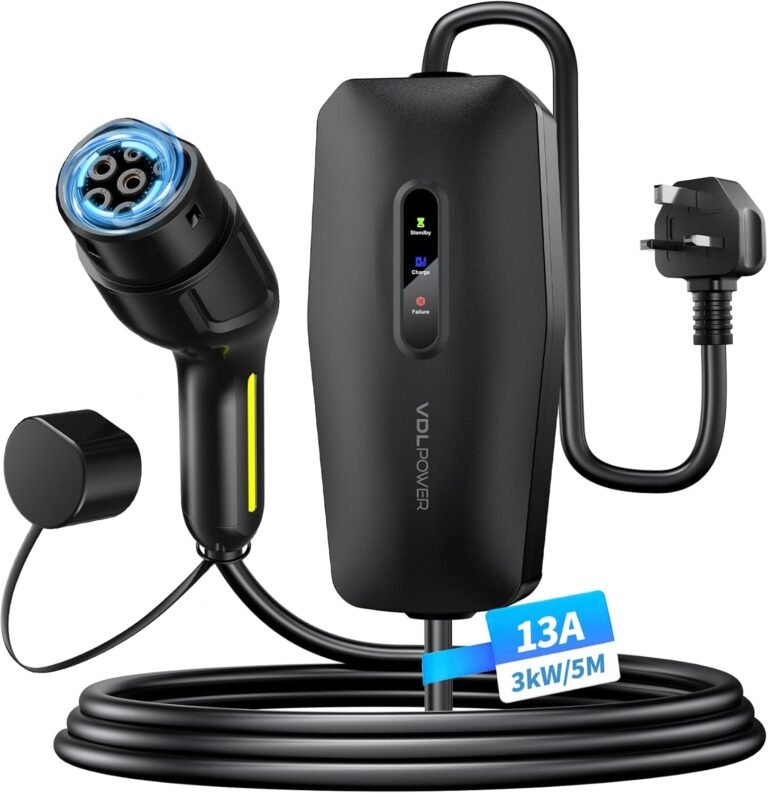 EV Charger Type 2 to 3 Pin Plug, 13A 230V Portable EV Car Charger with 5M Cable, LED Status Indicators, IP65 Waterproof Electric Vehicle Charging Cable for EVs & PHEVs