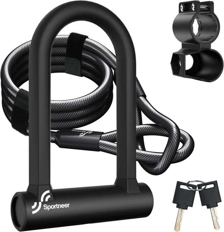 Sportneer Bike Lock: 17mm Heavy Duty Bike D Lock with 5Ft/1.2M High Security Steel Cable&Sturdy Mounting Bracket&Key Anti Theft Bicycle Locks for Road Bike, Electric Bike, Mountain Bike, Folding Bike