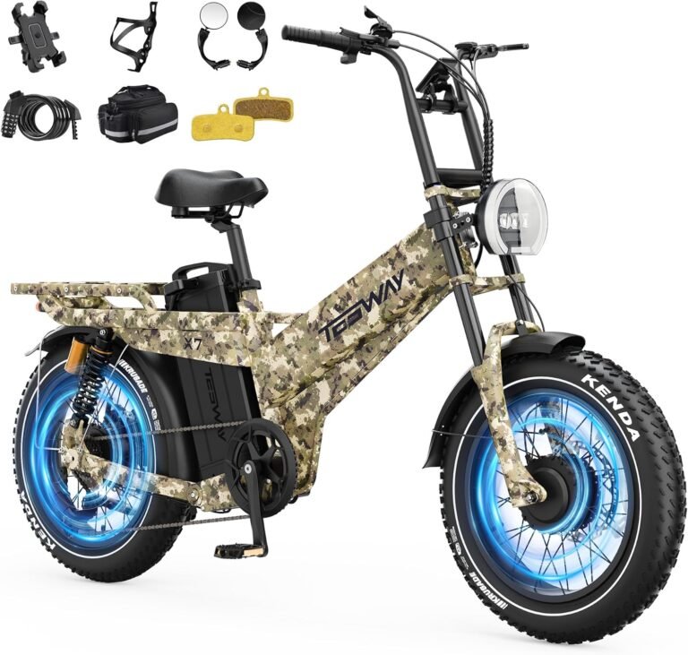 TESWAY Dual Motor Electric Bike, 52V 60AH 320KM Long Range Ebike, Hydraulic Brakes & Full Suspension, 20" Fat Tire with 7-Speed Electric Bike for Off-Road, Commute, Cargo