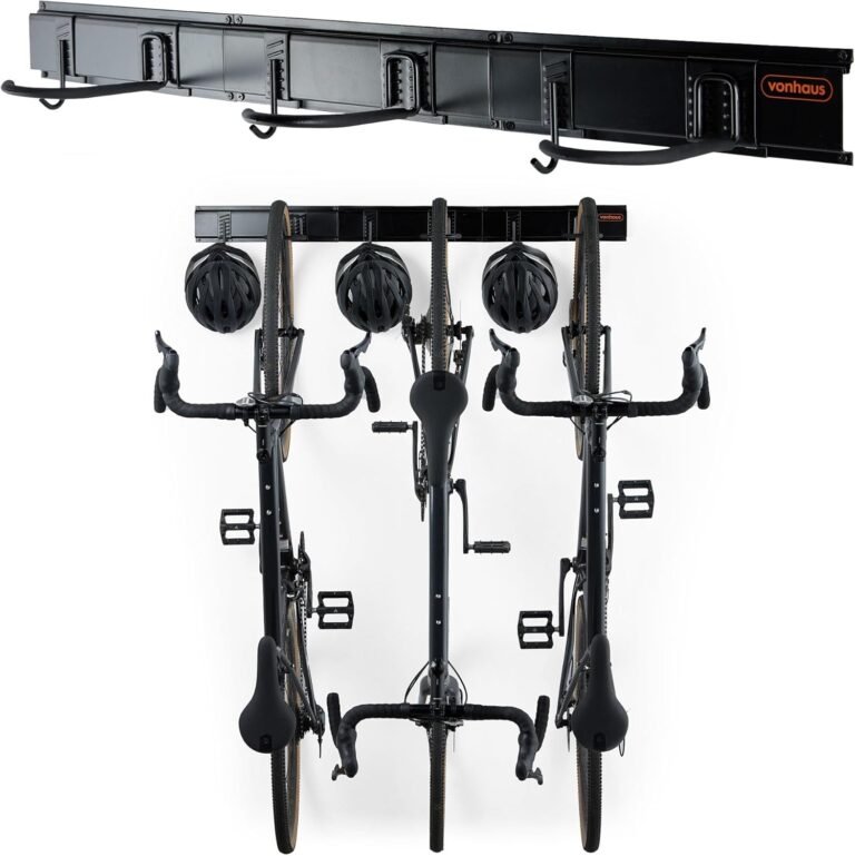 VonHaus Bike Wall Mounts - Space Saving Rack For Garage, Holds 3x Bike and 3x Helmet - Vertical Wall Mounted Rack for Mountain or Road Bicycle- Premium Quality Cycling Storage Mount